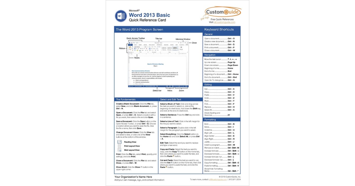 Microsoft Word 2013 Basic -- Free Reference Card