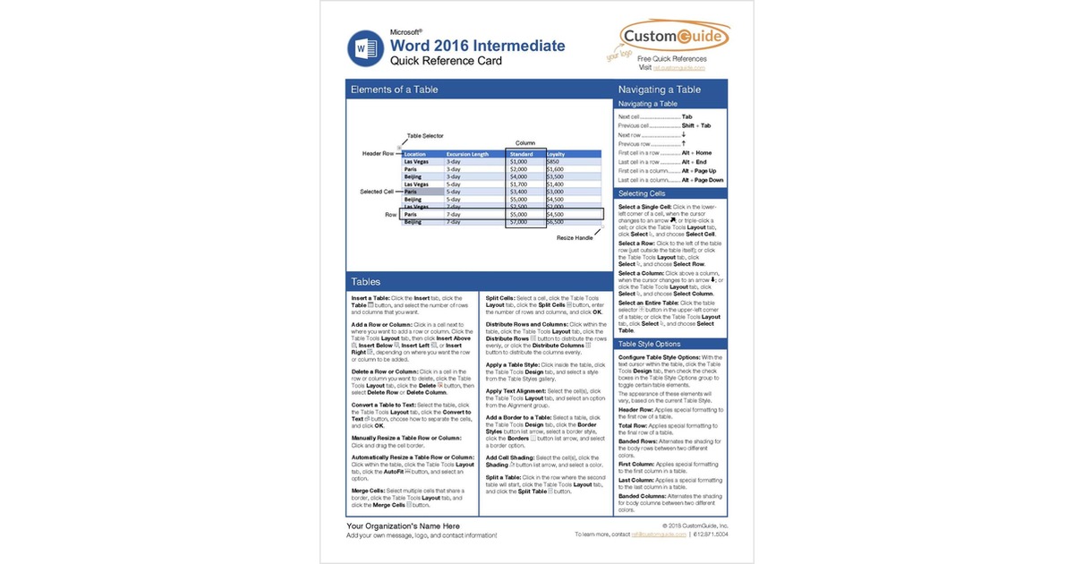 Microsoft Word 2016 Intermediate - Quick Reference Card