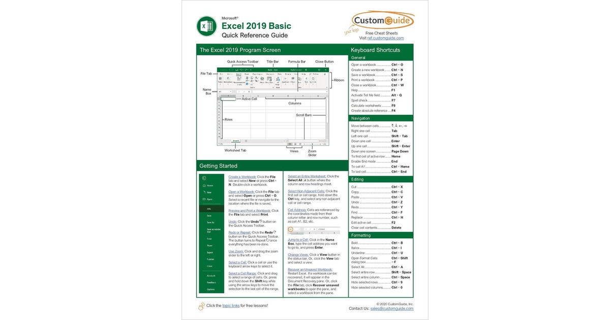 Microsoft Excel 2019 Basic - Quick Reference Guide