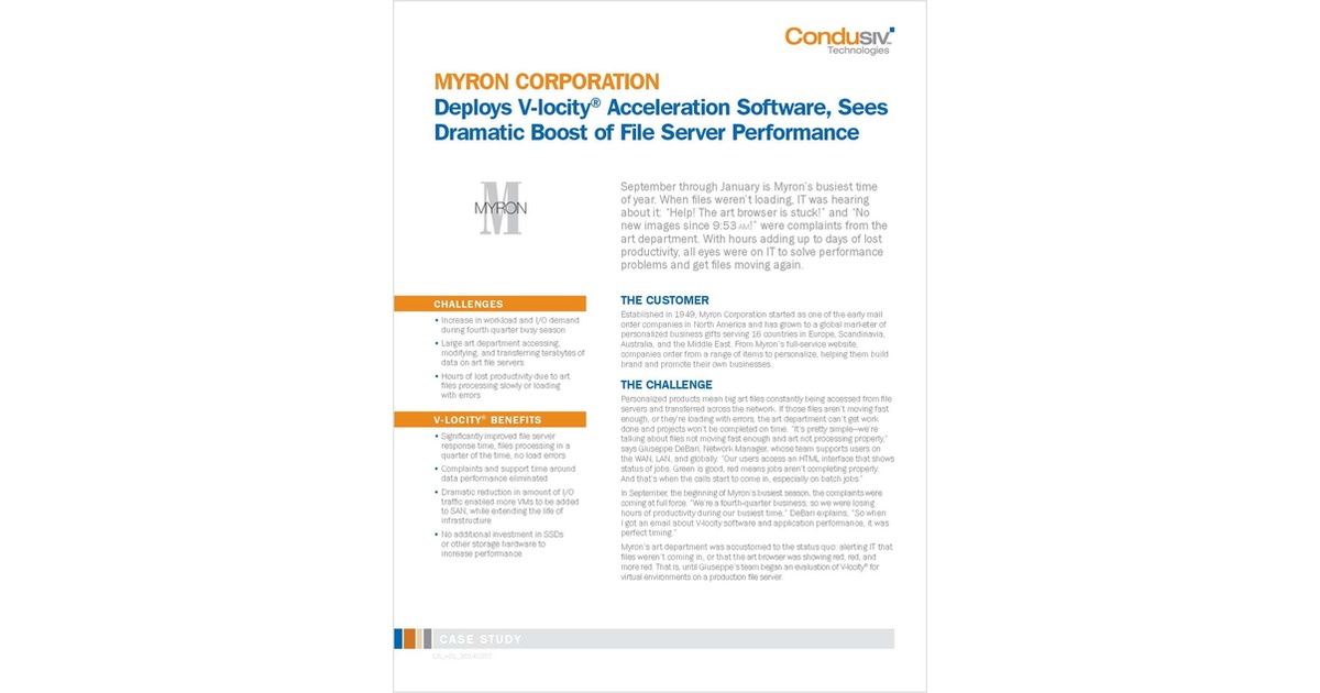 MYRON CORPORATION Deploys V-locityÂ® I/O Reduction Software, Sees Dramatic Boost of File Server Performance