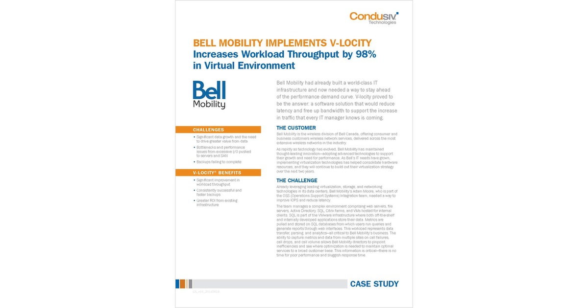 Bell Mobility Implements V-locity I/O reduction Software and   Increases Workload Throughput By 98%