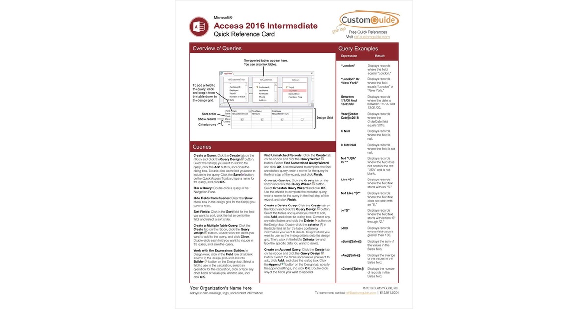 Microsoft Access 2016 Intermediate - Free Quick Reference Card