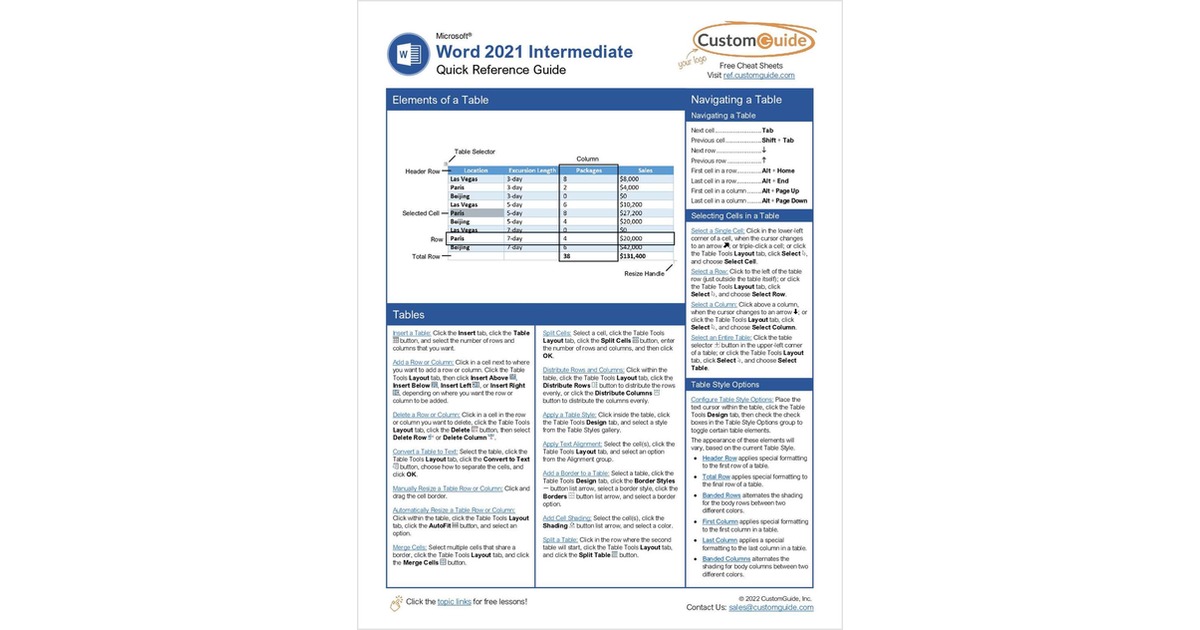 Microsoft Word 2021 Intermediate- Free Reference Card