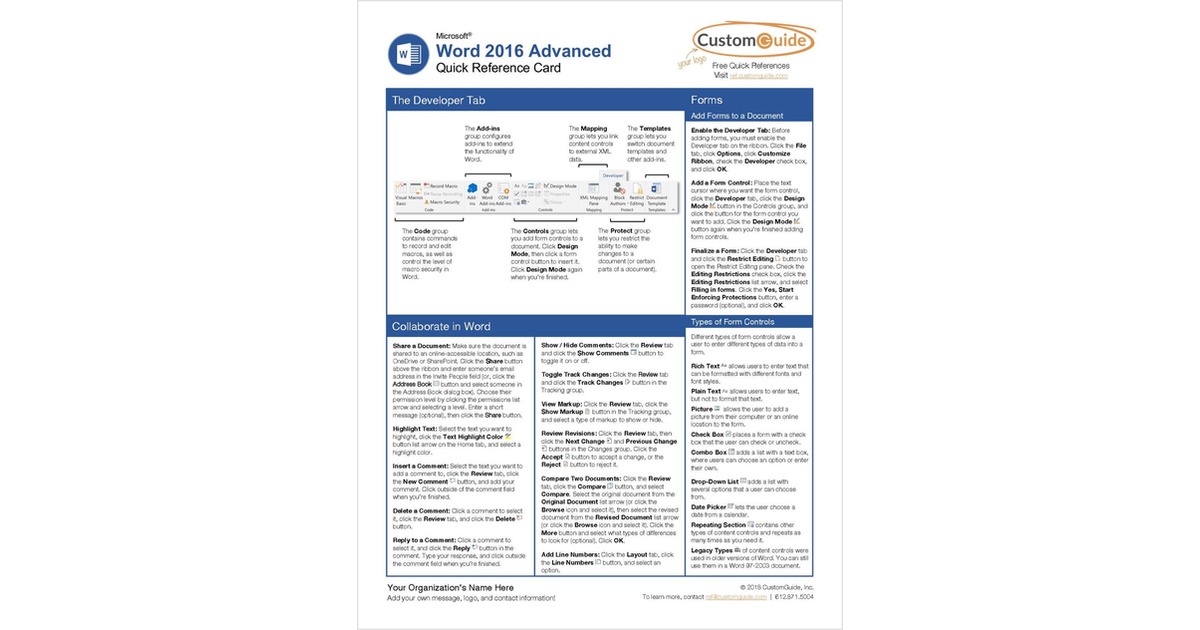 Microsoft Word 2016 Advanced - Quick Reference Card