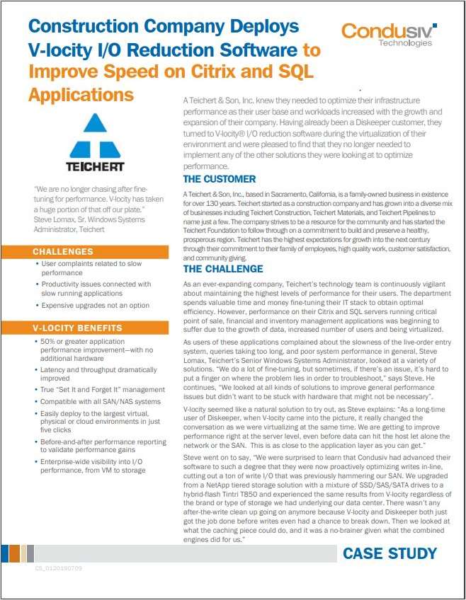 Construction Company Deploys V-locity I/O Reduction Software to Improve Speed on Citrix and SQL Applications