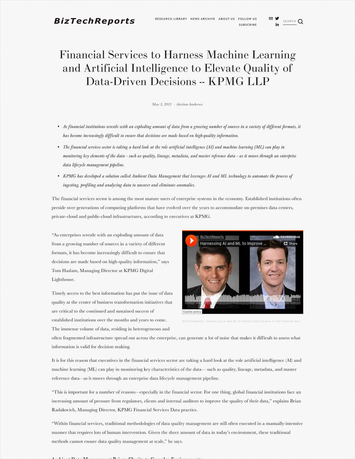 Financial Services to Harness Machine Learning and Artificial Intelligence to Elevate Quality of Data-Driven Decisions -- KPMG LLP