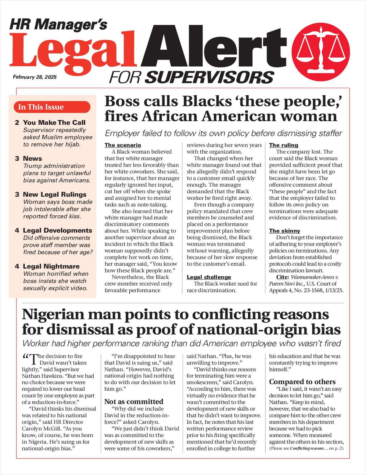HR Manager's Legal Alert for Supervisors Newsletter: February 28 Edition